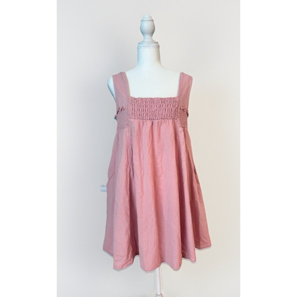 Cottagecore Babydoll Mini Dress Pink Smocked Sleeveless Pocketed Size L